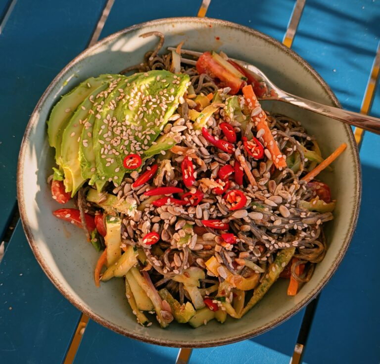 Spicy Peanut Butter Soba Noodles Recipe — Quick, Flavor-Packed & Nutty, spicy peanut butter soba noodles, topped with fresh cucumber, carrots, bell peppers, avocado, and sesame seeds, soba noodle bowl, peanut sauce, fresh vegetables, cilantro garnish, healthy soba noodle salad, peanut sauce, cilantro, sesame seeds, saru's not so secret diary, saru's diary