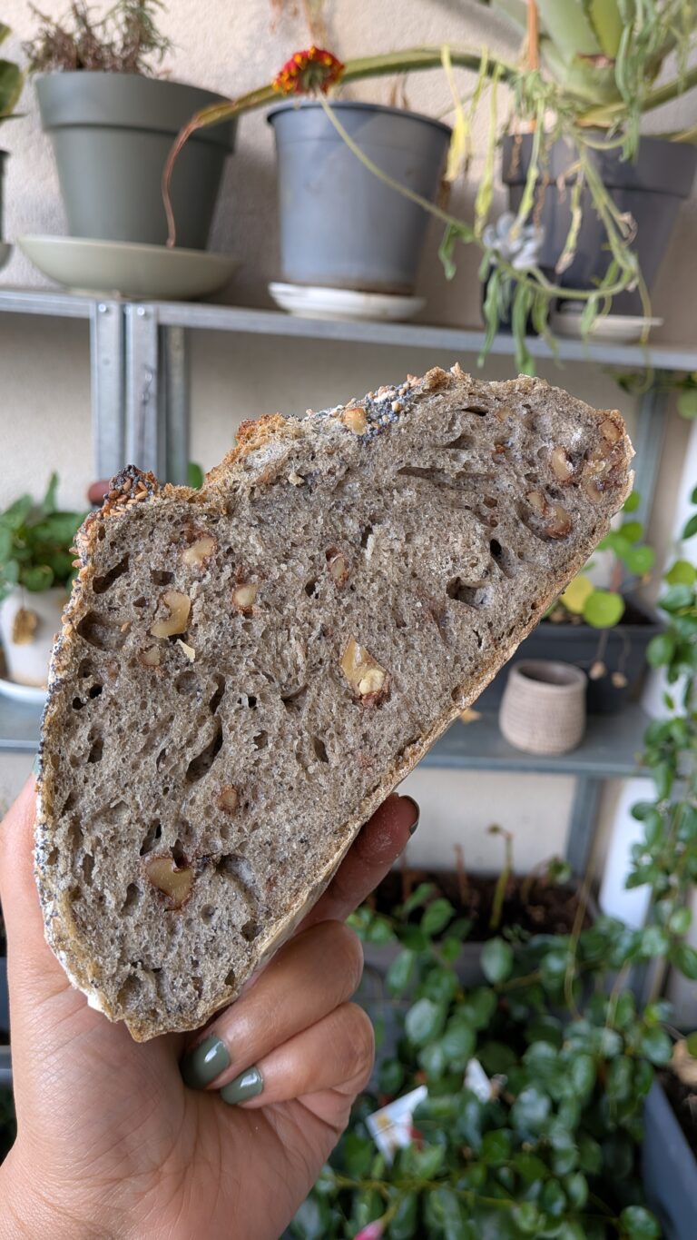 My No-Knead Artisan Bread With Black Sesame & Walnuts, Rustic no-knead black sesame bread on parchment paper, topped with poppy seeds and roasted sesame seeds, golden crust, airy texture, warm kitchen background, bread recipe, saru's diary, saru's not so secret diary, bread baking at home, homemade bread recipe