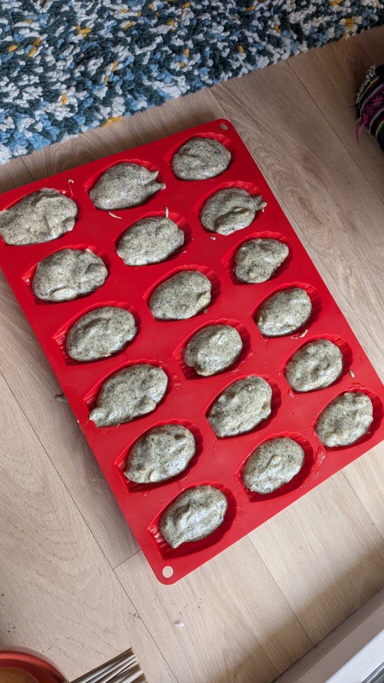 Black Sesame Madeleines with Lime and Almond Flakes,