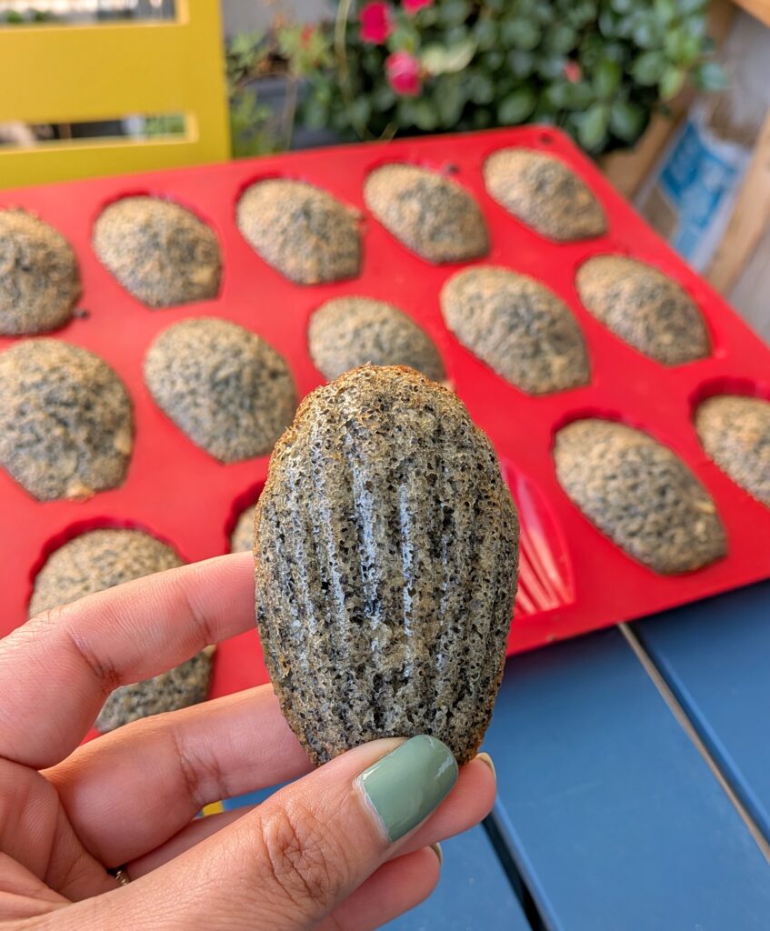 Black Sesame Madeleines with Lime and Almond Flakes,