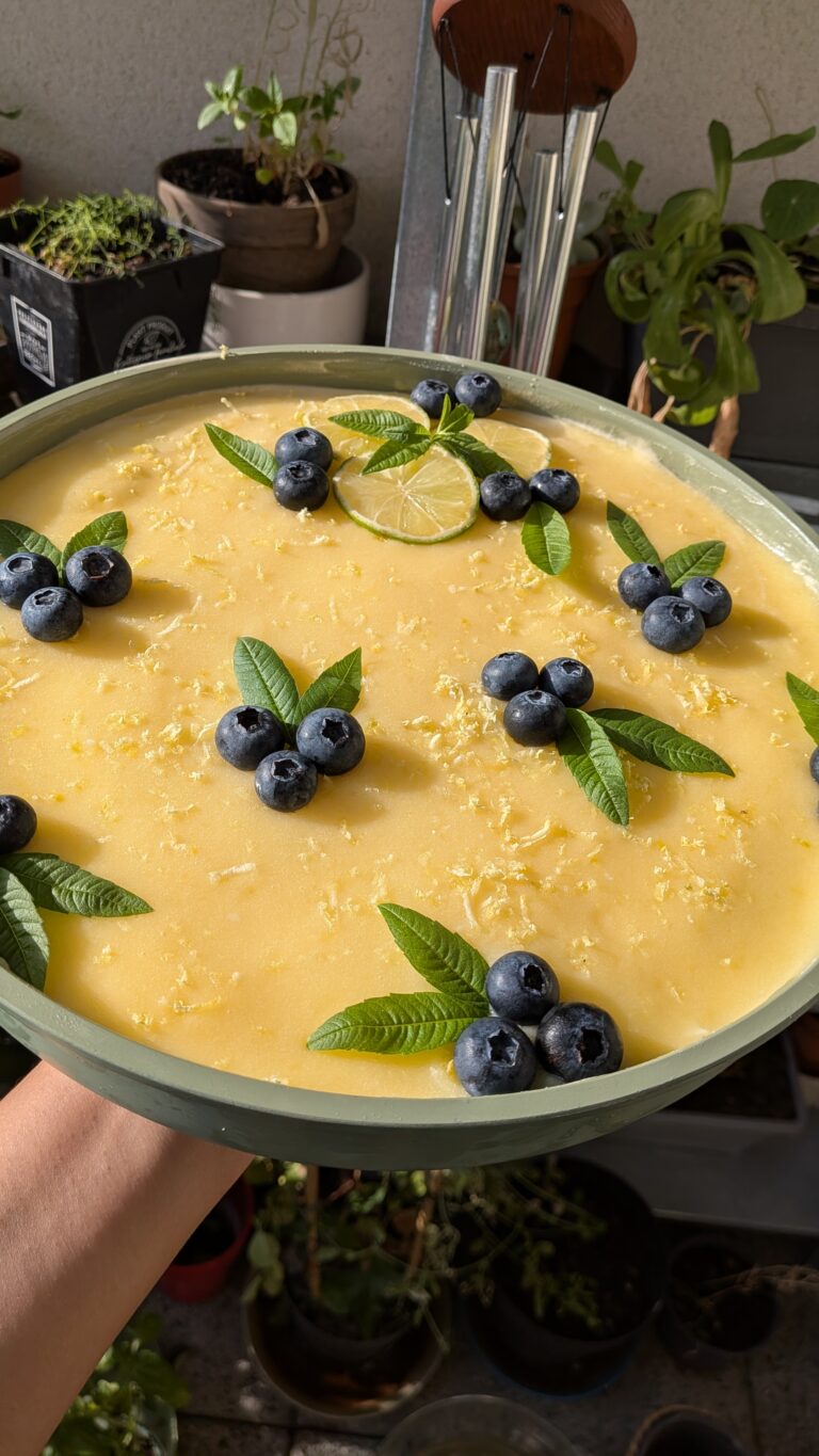 Lemon tiramisu decorated with clusters of three blueberries, thin lime slices, fresh green lemon verbena leaves, minimalist elegant food presentation, Lemon Tiramisu with Blueberries and Lemon Verbena, saru's diary, saru's not so secret diary, food blog