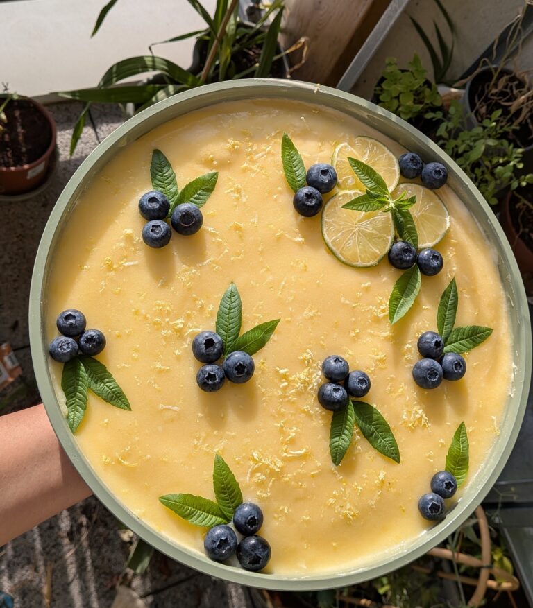 Lemon tiramisu decorated with clusters of three blueberries, thin lime slices, fresh green lemon verbena leaves, minimalist elegant food presentation, Lemon Tiramisu with Blueberries and Lemon Verbena, saru's diary, saru's not so secret diary, food blog